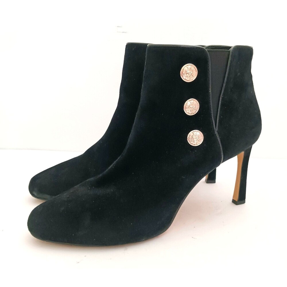 White House Black Market Blk Suede High Heel Ankle Boots Silver Button Trim 10M